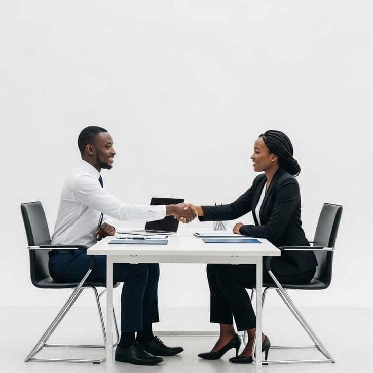 Deux personnes se serrent la main autour d'une table de travail